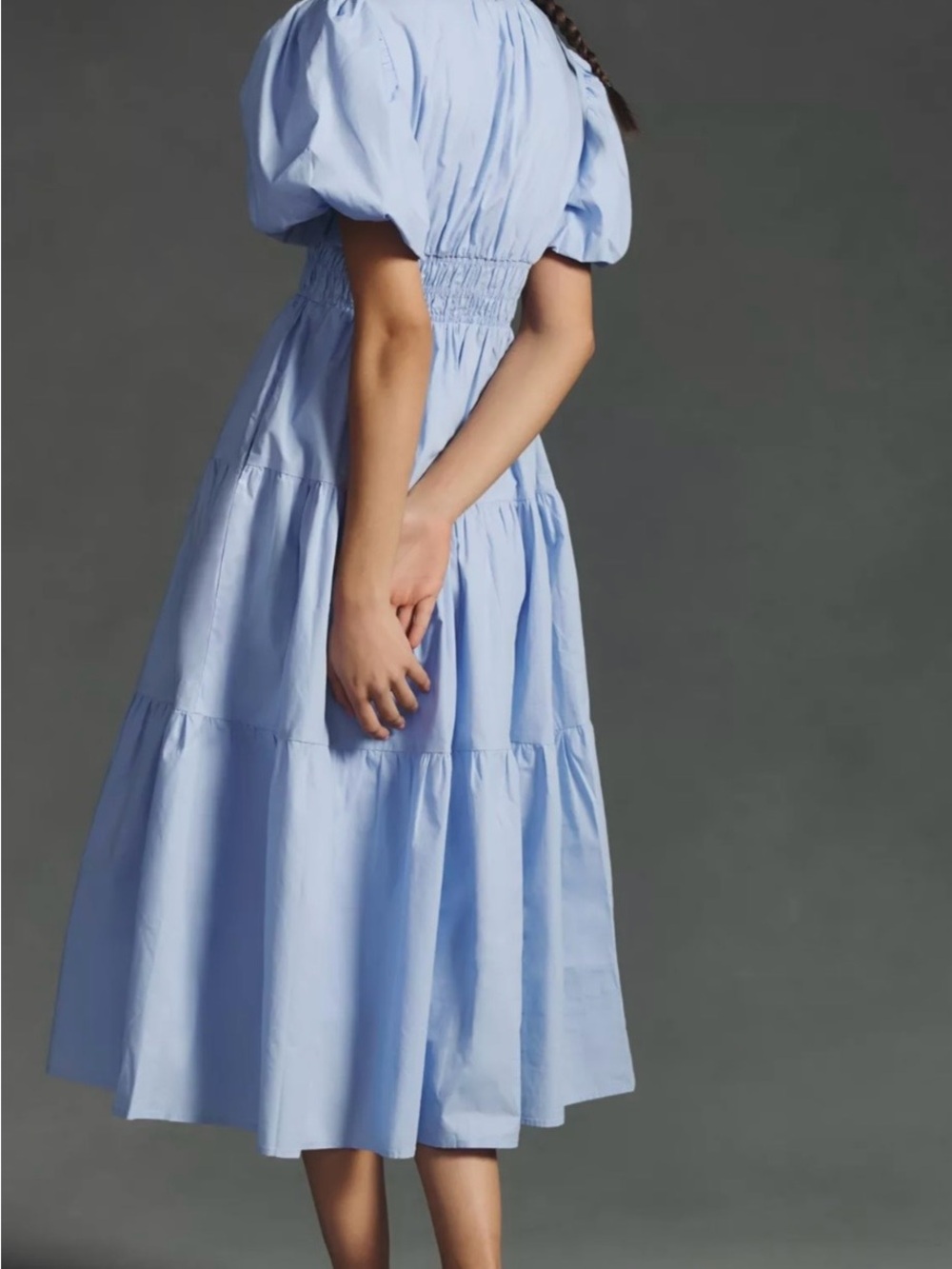 Moon River Light Blue Puff-Sleeve Tiered Midi Dress - Picture 2 of 3